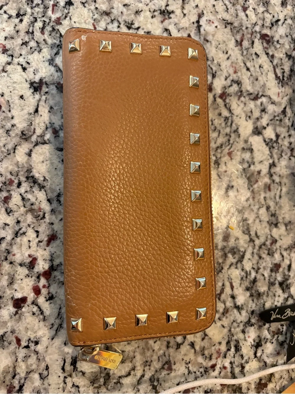 Michael Kors Tan Leather Studded Zip Wallet with Gold Hardware
